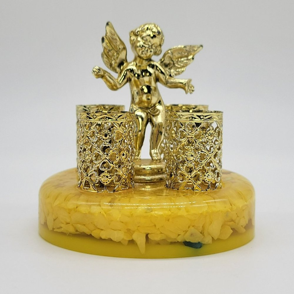 Vintage Sam Fink Lipstick Holder 4 Tubes Cherub Yellow Lucite Base Brass